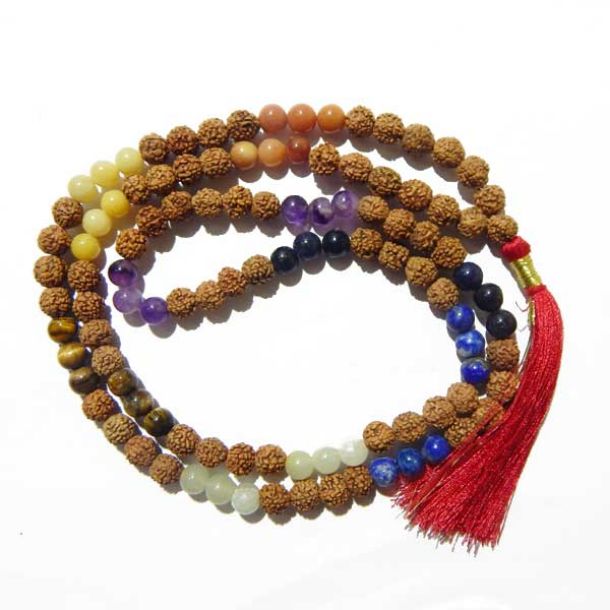 5 Face Rudraksha Mala with Natural 7 Chakra Stones