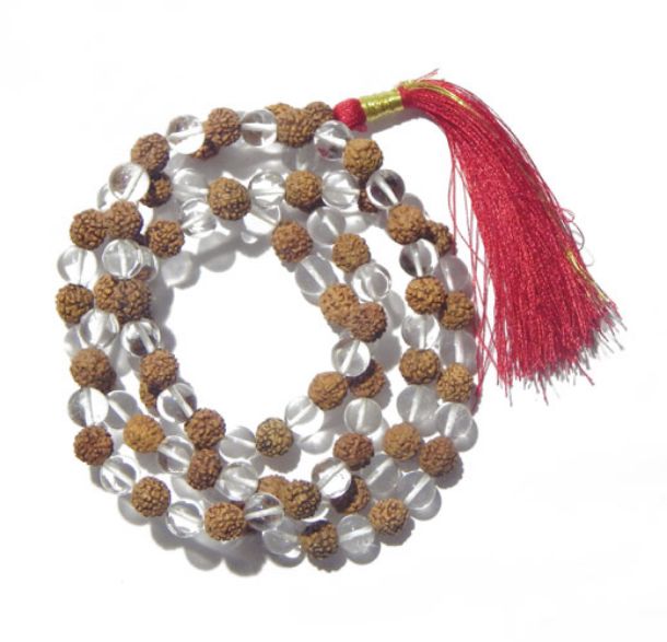 5 Face Rudraksha with Crystal (Sphatik) Mala, 108+1 Rudraksha & Crystal Mala